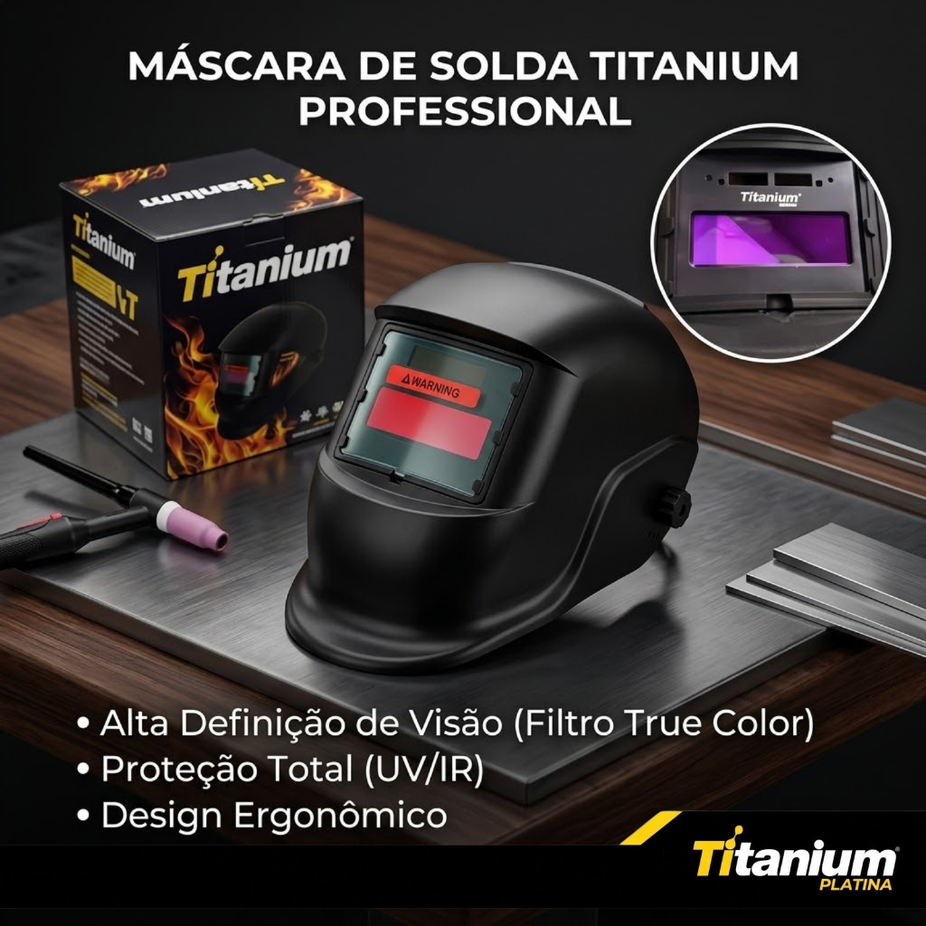 Máscara de Solda Auto Escurecimento Ton.11 Fixa Combat Proteção Solar Profissional Titanium Platina