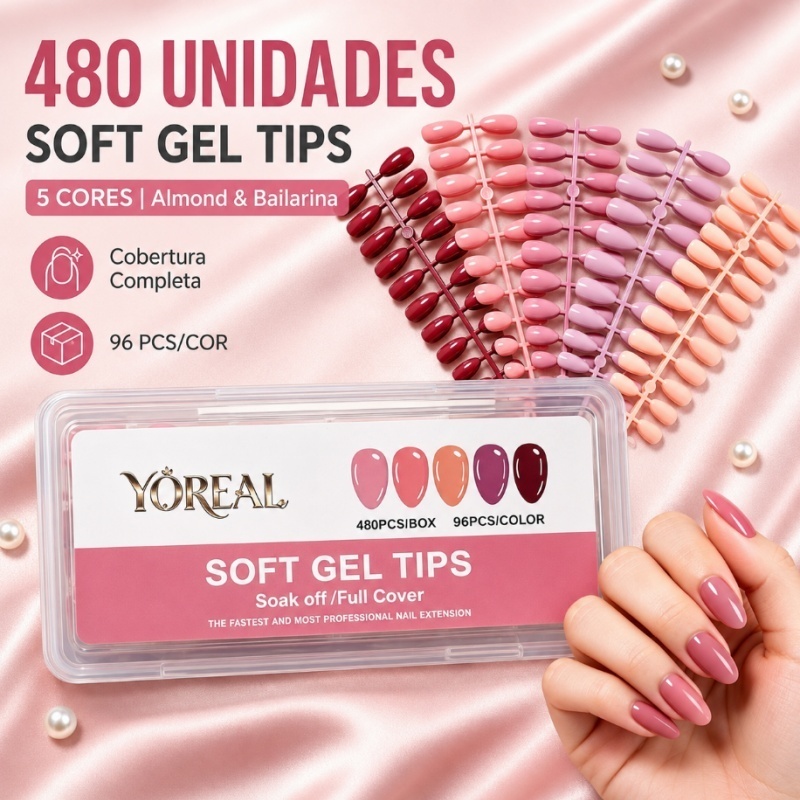 Kit 480 PCS Unhas Posticas 5 Cores Soft Gel Almond e Bailarina Helen Color - 480Pecas A Escolha das Profissionais