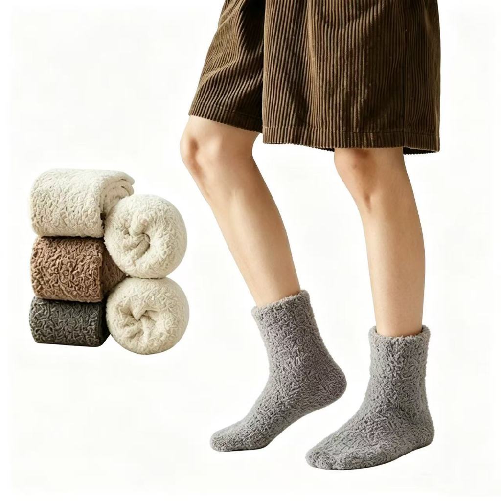 Kit 3 pares Meião De Lã Grosso Forrado Pelinho Super Quente Coral Femininos Meias De Chão De Outono E Inverno