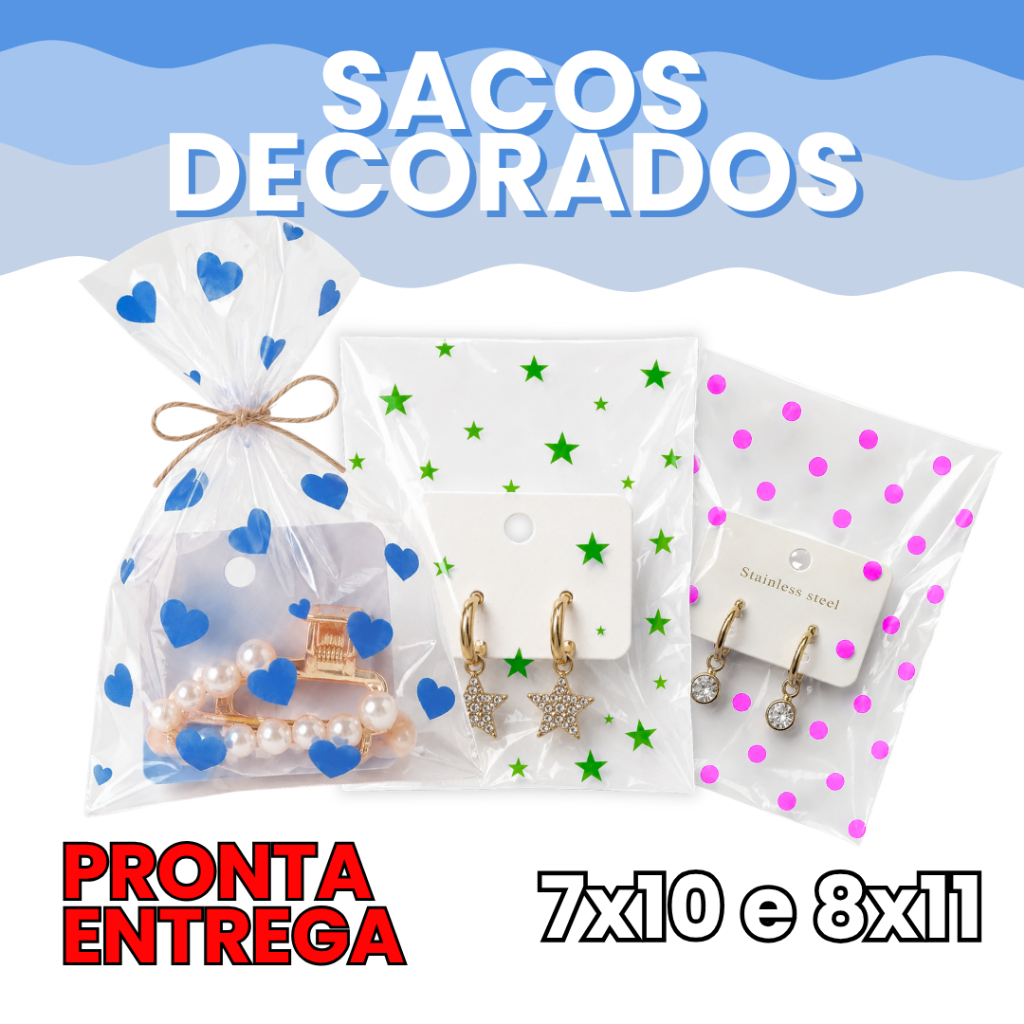 100 Saquinhos Celofane Plásticos Transparentes Decorados 7x10cm e 8x11cm Para Lembrancinha Festa