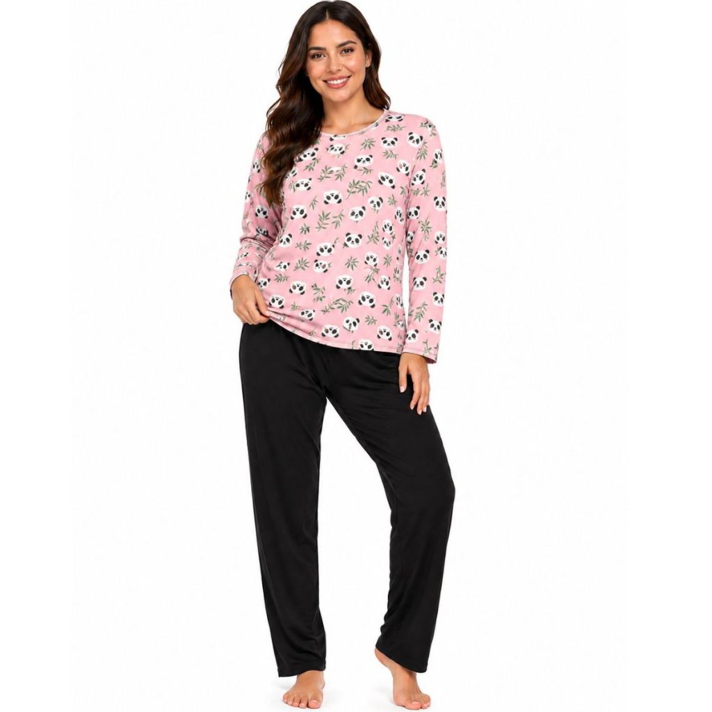 Conjunto Feminino Poliéster Estampado Pijama Adulto Manga Longa Calça Comprida Confortável Frio Inverno Dormir