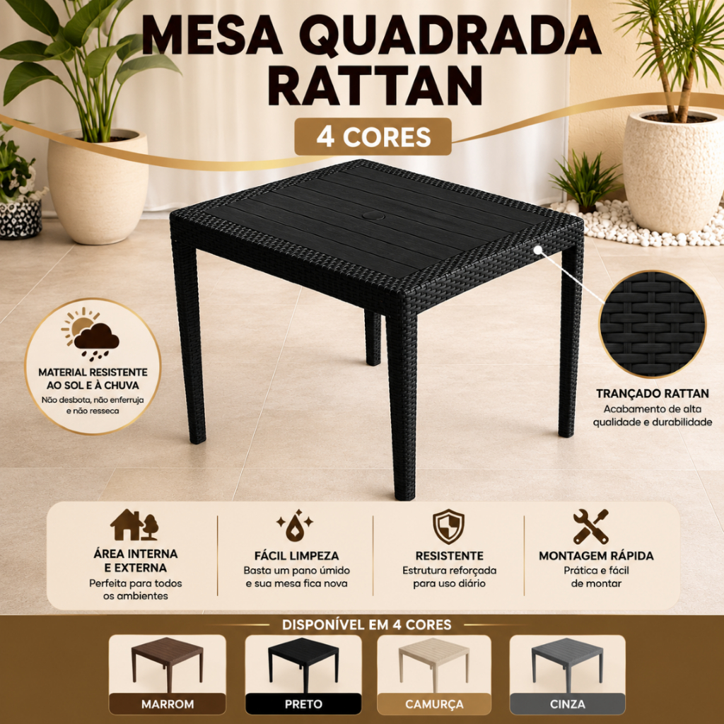 Mesa Quadrada Rattan Plástico Desmontável 80x80 cm Área Lazer Bar Jardim Cozinha Salão Varanda