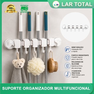 Suporte para vassoura e rodo sem furar, organizador de parede multiuso com ganchos para casa
