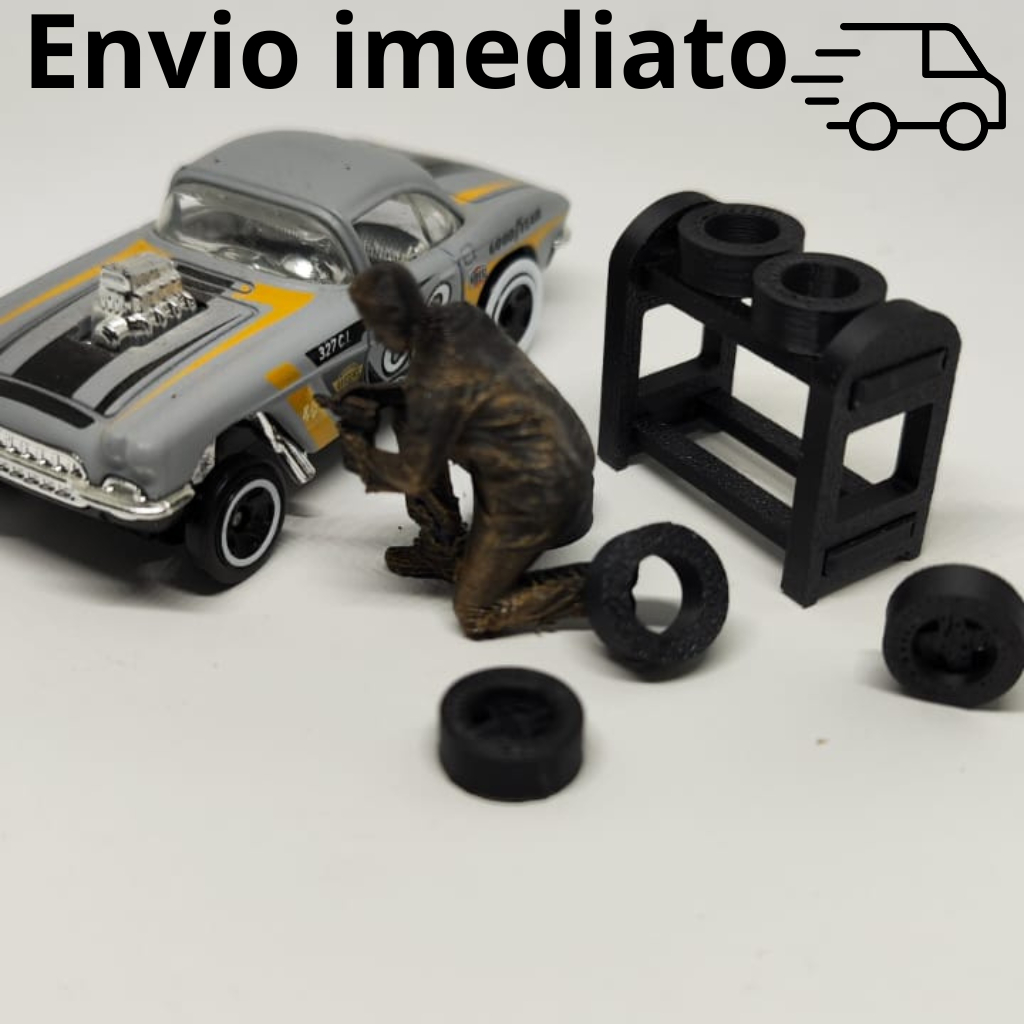 Diorama Oficina Mecânica 1:64 Mecânico Trocando Pneu Hot Wheels Miniatura