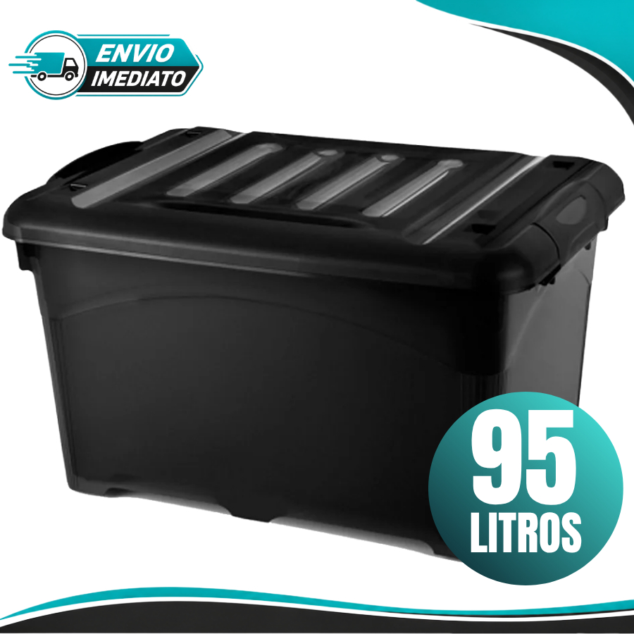 Caixa Organizadora 95 Litros Preta Com rodinhas e Travas Para Transporte Resistente