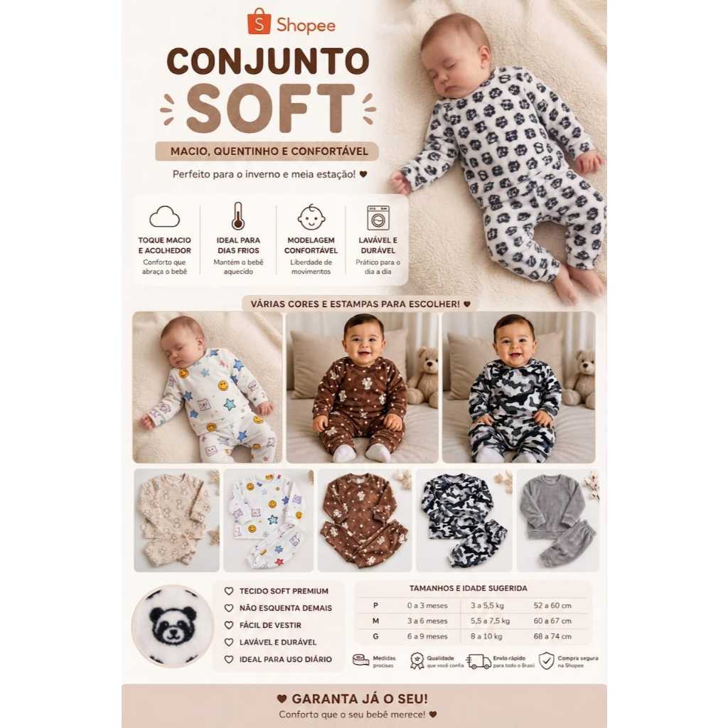 Conjunto Bebê Soft e Fleece BB Feminino Masculino P M G Quentinho Inverno