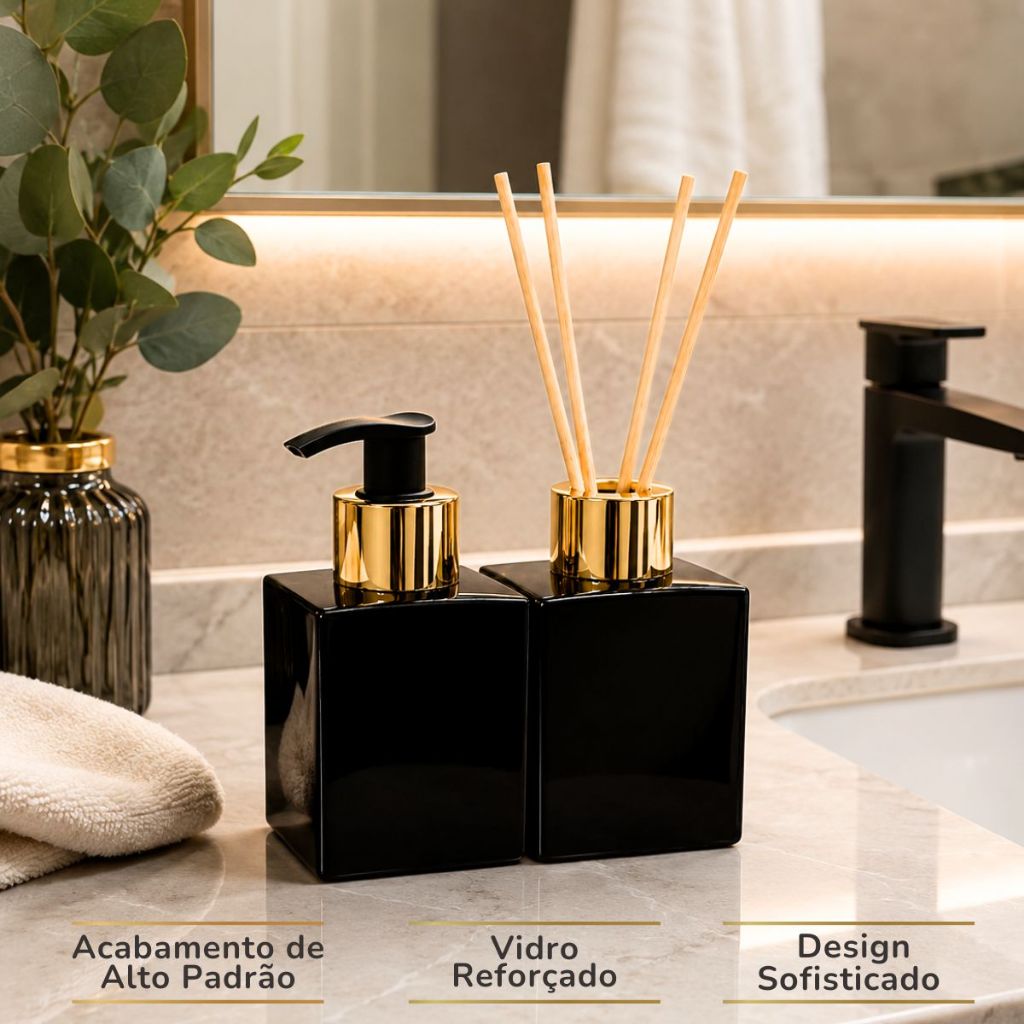 02 Frascos de Vidro Cubo Preto 100ml Para Lavabo Difusor e Saboneteira Luxo + Varetas · foto 2