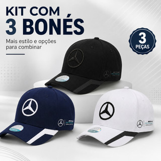 Kit 3 Bonés Mercedes AMG Petronas Aba Curva Ajustável Unissex 6 Cores Estilo Esportivo