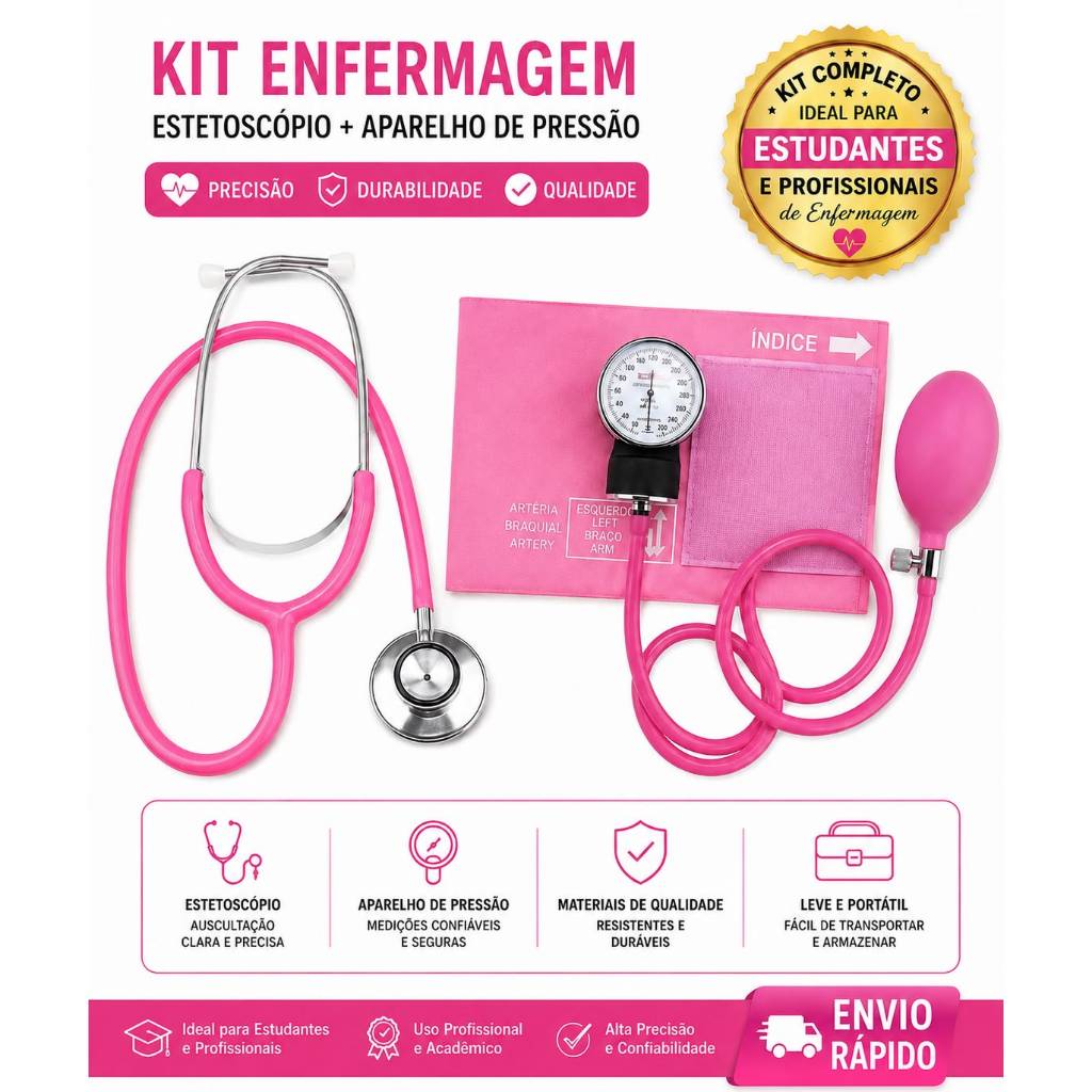 Kit Enfermagem Completo Esfigmomanômetro + Estetoscópio Adulto Profissional para Estudante e Enfermeiro