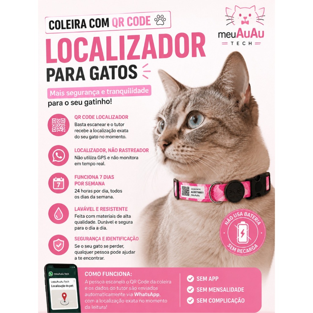 Coleira Gato Com Identificação - Localizador - Qr Code - Com Nome Do Pet - Gatos