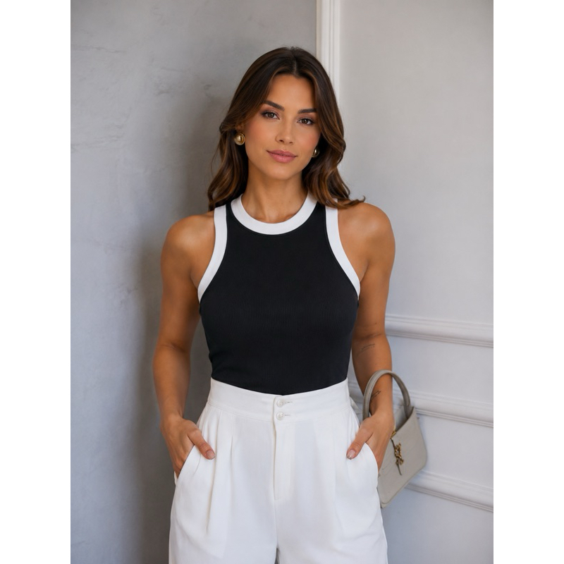 Blusa Regata Canelada Feminina Casual Estilosa básica verão básica verão ribana peças Casuais BICOLOR