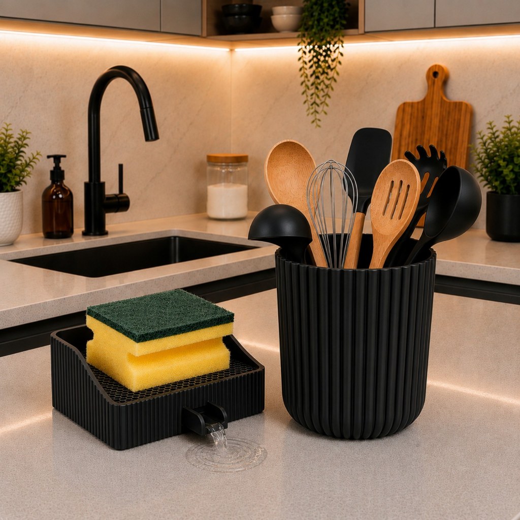 Kit Organizador de Pia Porta Utensílios + Porta Esponja com Drenagem | Escorredor de Talheres Cozinha Moderna