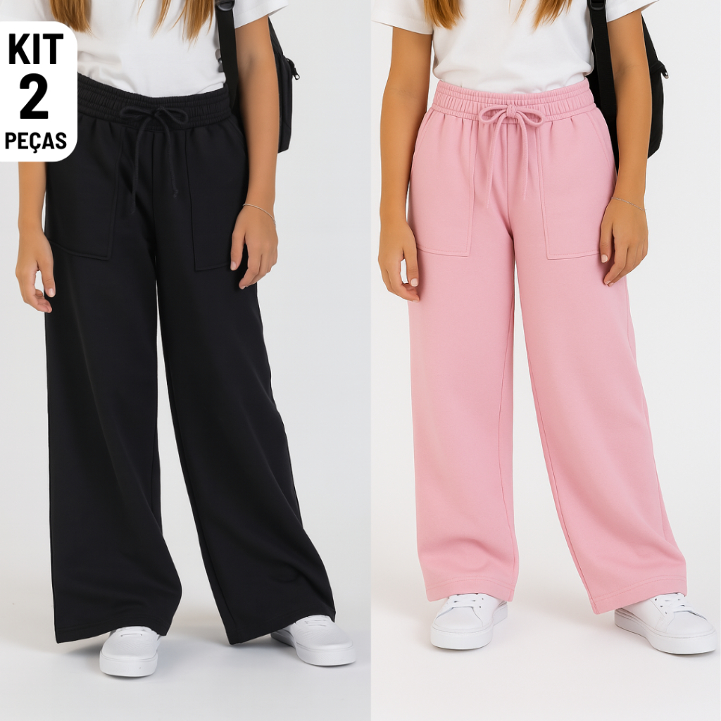 Kit 2 Calça Pantalona Juvenil Infantil Menina em Moletinho Feminina
