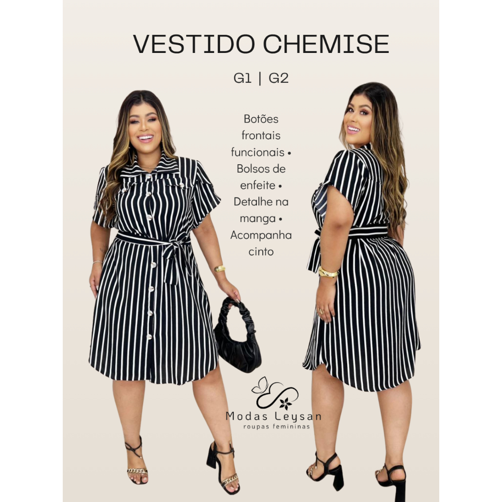 Vestido Midi Chemise Feminino Listrado com Cinto, Duna Premium Elegante l G1-G2