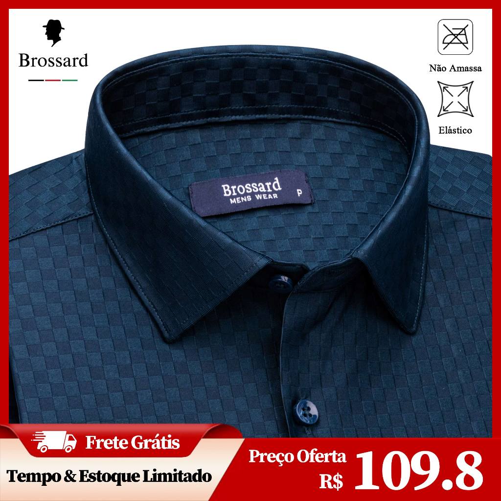Camisa Social Masculina BROSSARD Não Amassa e Respirável, Tecido Elastano Xadrez Malha Moda Elegante