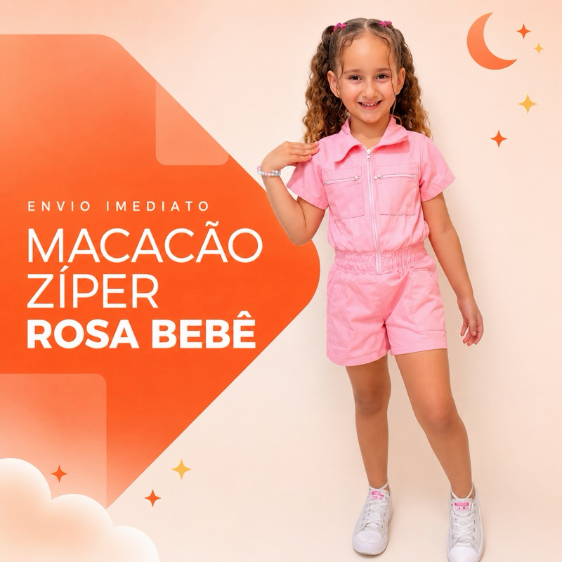 Macacão Infantil Feminino Rosa Bebê com Zíper Manga Curta Casual Confortável Blogueirinha