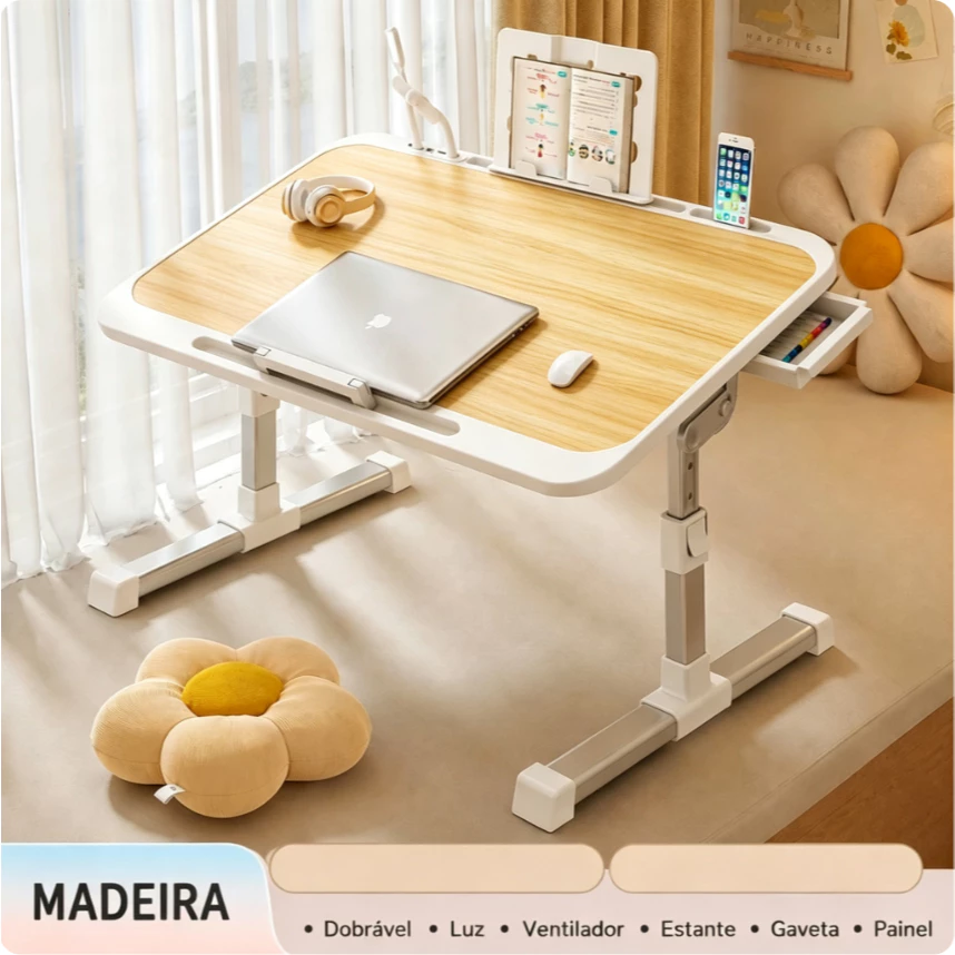 Mesa Dobrável para Notebook com Altura Ajustável, Ventilador, Gaveta e Luz LED – Portátil 2 em 1