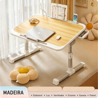 Mesa Dobrável para Notebook com Altura Ajustável, Ventilador, Gaveta e Luz LED – Portátil 2 em 1