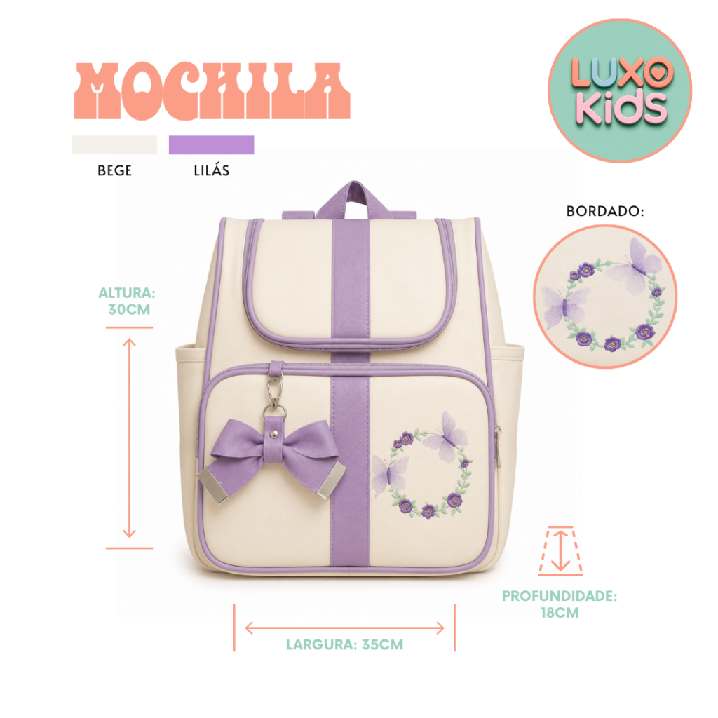 Detalhes do kit Bolsa de bebê e Mochila Maternidade 2 peças Bege com Lilás