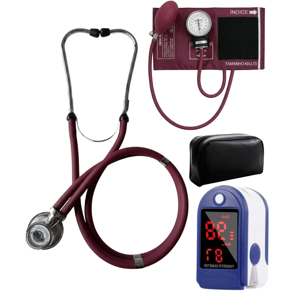 Kit Enfermagem Aparelho e Estetoscópio Duplo + Oximetro de Pulso Digital Medidor de Saturação Oxigênio no Sangue