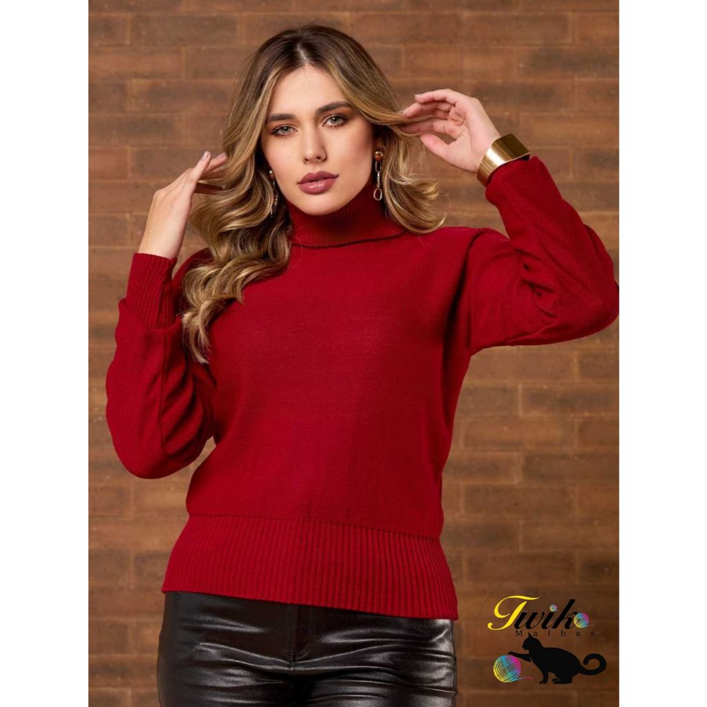 Blusa de Frio Feminina Tricot Elegante Gola Alta Canelada Cacharrel Básica Tricô Moda Inverno