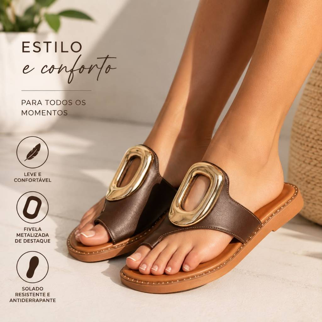 Sandália Feminina Rasteira Dedo Couro com Fivela Maxi Metalizada - Confortável