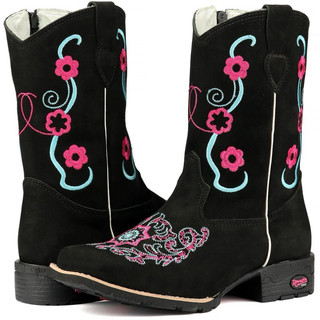 Bota Infantil Femina Texana Country Bordada Couro Bico Quadrado