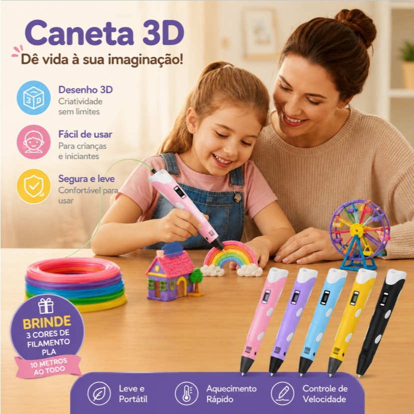 Caneta 3D Infantil Impressora Educativa + Kit Completo Com Filamentos Visor LED