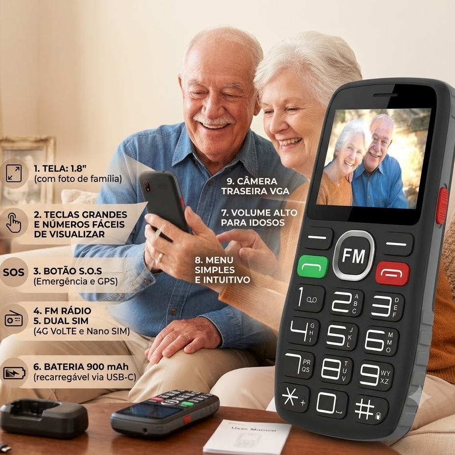 Celular Para IDOSO Teclas Grandes desbloqueado 4G Dual Chip MP3 Rádio FM Lanterna botão SOS