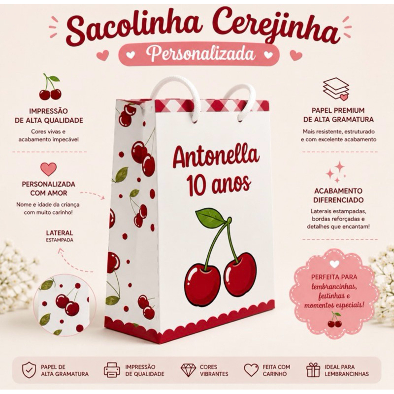 Kit 60 Sacolinhas Cerejinha Personalizada com Tag Nome e Idade Lembrancinha Pegue e Monte