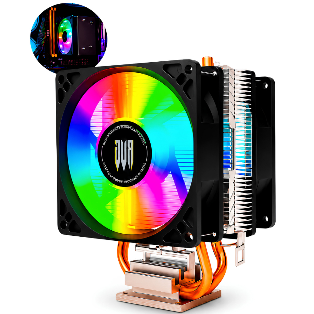 Cooler Processador Intel e AMD Fan Duplo RGB 2 Tubos Cobre TDP 130W 2100RPM Rolamento Hidráulico