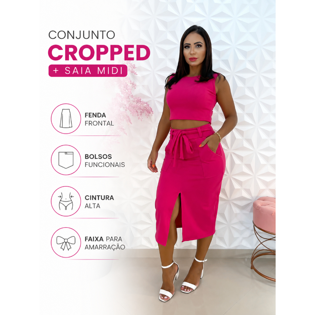 Conjunto Feminino Cropped e Saia Midi Canelada com Fenda Frontal e Bolsos Moda Casual Elegante Tamanho Único 38 ao 4