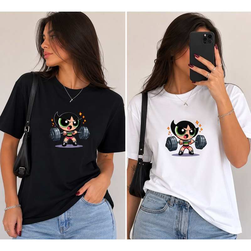 Camiseta Docinho Academia Feminina Estampada Meninas Superpoderosas Treino Fitness Geek Algodão Preta Casual P ao GG