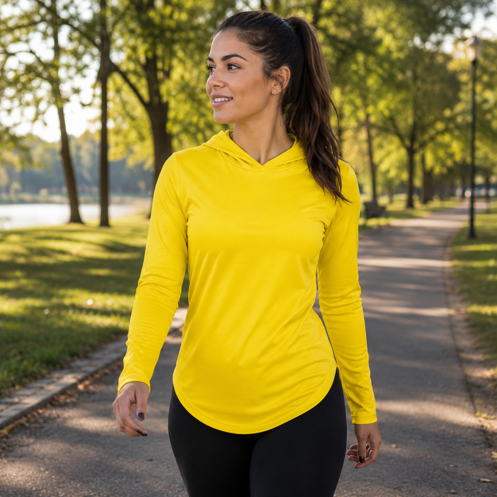 Camiseta Feminina Manga Longa com Capuz Dry Fit Premium Academia Corrida Caminhada Proteção UV