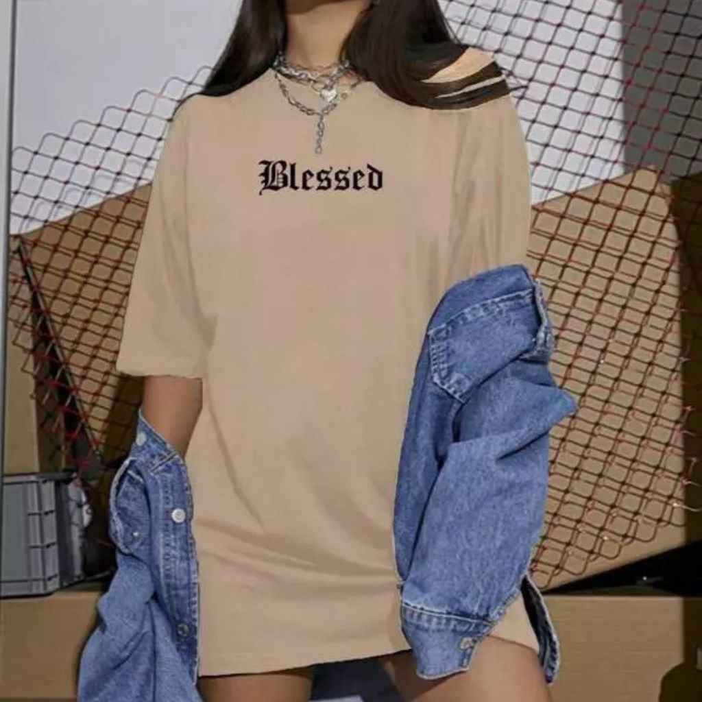Camiseta Feminina Oversized Streetwear Blessed Cores Marrom Bege 100% Algodão 30.1