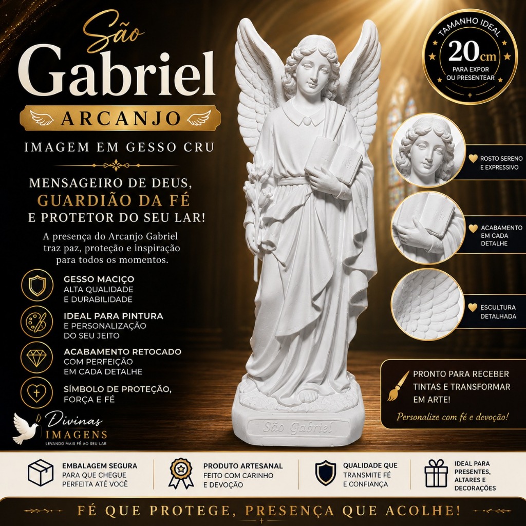 São Gabriel Arcanjo 20cm Gesso Cru – Mensageiro de Deus Anjo da Anunciação Arte Sacra para Pintar