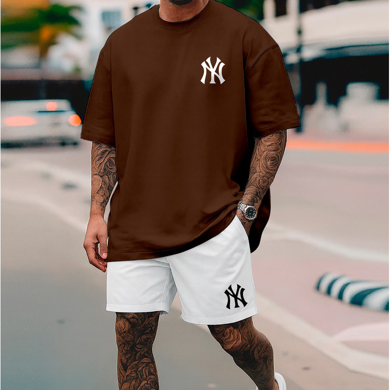 Kit Camiseta Oversized e Short Tactel Masculino Streetwear NY Camisa Algodão Premium 26.1 Kit 2 Peças Masculino