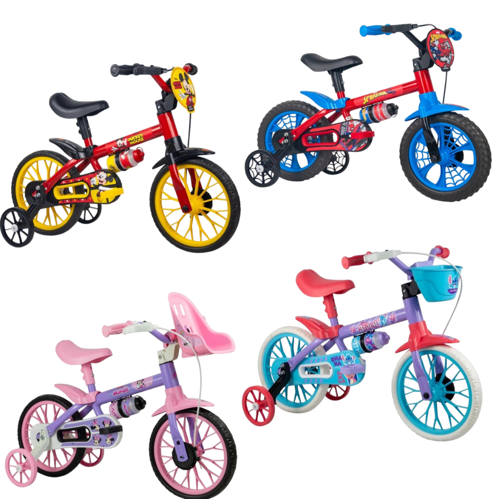 Bicicleta Infantil Personagem Disney Aro 12 com Rodinhas de Equilíbrio Garrafinh