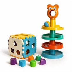 Kit Escorrega Ball + Cubo Educa Mais | Chocalho + Peças de Encaixar | Brinquedo Educativo +12 Meses INMETRO | QUEEN SHOP
