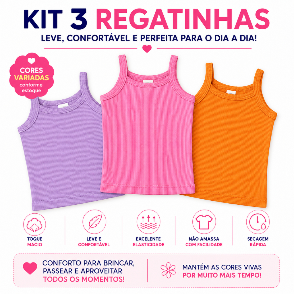 KIT 3 Regata de Alça Infantil Menina Cores Sortidas Caneladas 2 a 12 Anos