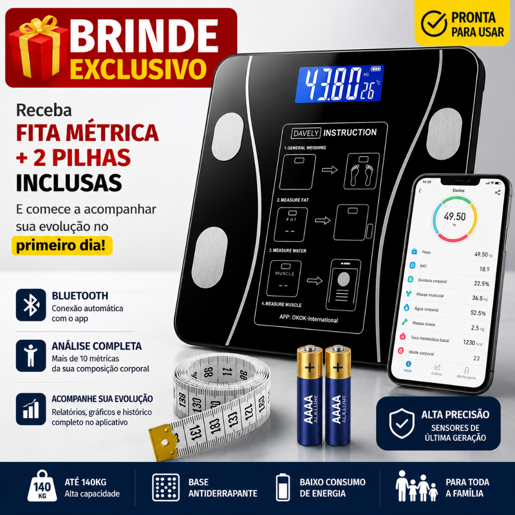 Balança Digital de Banheiro Bioimpedancia 180 Kg com Aplicativo Bluethoo  + Fita Metrica e Pilhas Inclusas