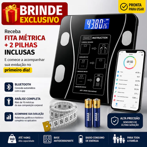 Balança Digital de Banheiro Bioimpedancia 180 Kg com Aplicativo Bluethoo  + Fita Metrica e Pilhas Inclusas
