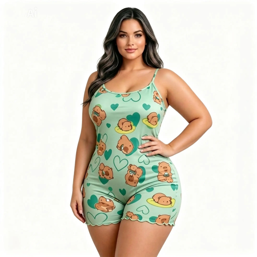 Pijama Femenino Plus Size Macaquinho Toque Macio e Caimento Perfeito