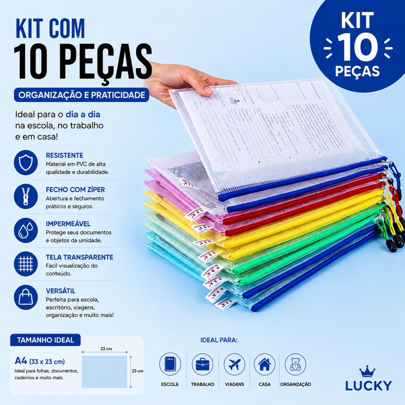 Kit Pasta A4 De Plástico Multiuso Com Zíper Cores Sortidas