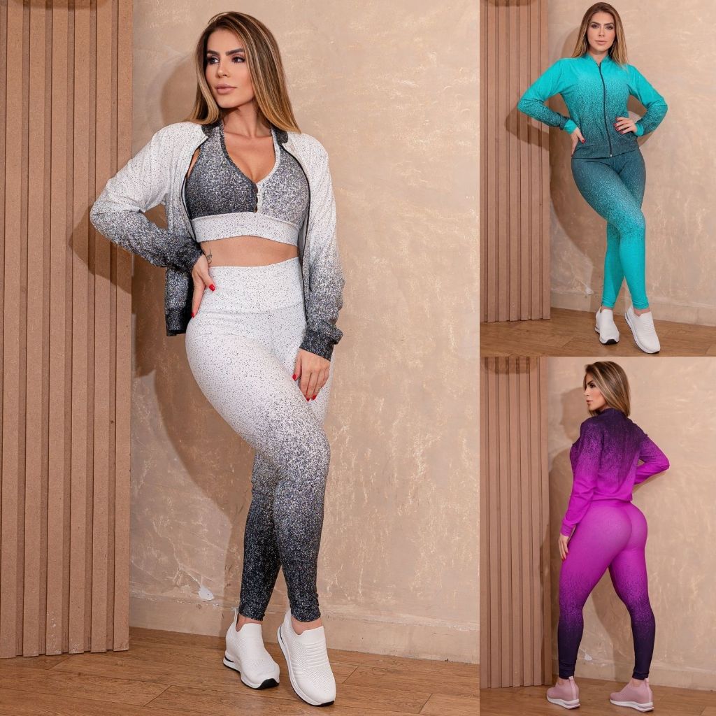 Conjunto Trio Fitness Feminino em Degradê com Casaco Bomber Calça Legging e Top com Bojo Removível