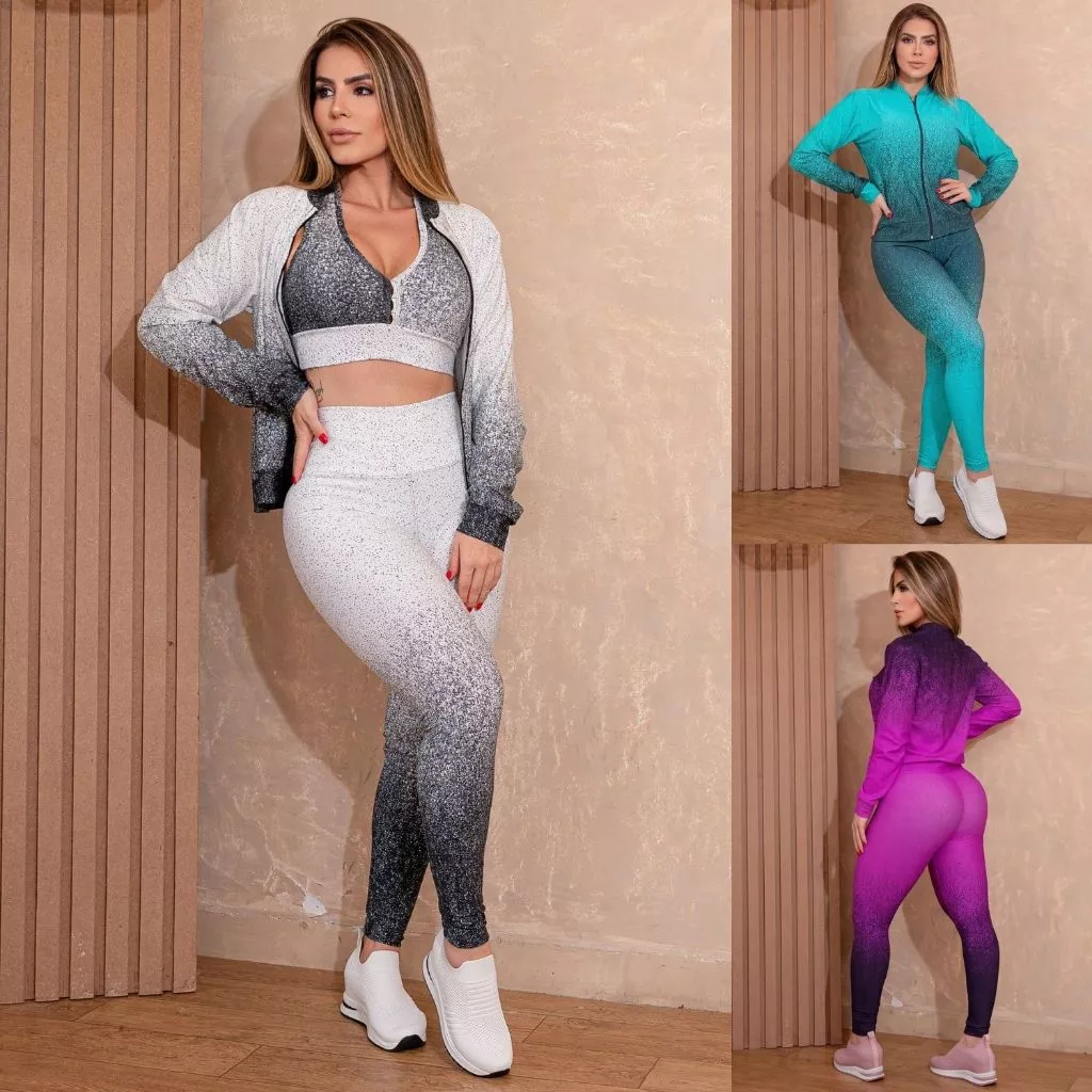 Conjunto Trio Fitness Feminino em Degradê com Casaco Bomber Calça Legging e Top com Bojo Removível — imagem 1