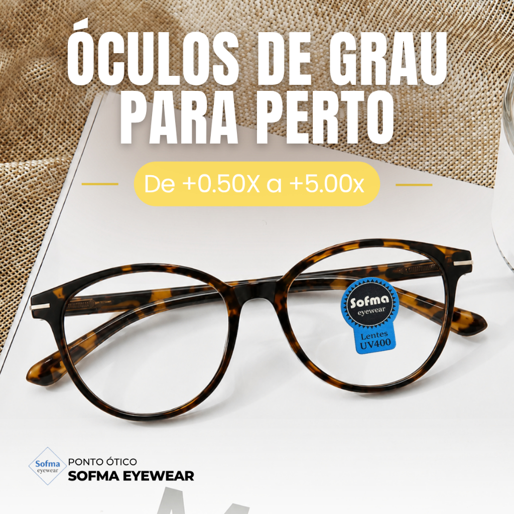Armação Óculos Grau +0.50 até +5.0 Leitura Perto Tartaruga Acetato Redondo Brilho Feminino
