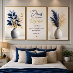Kit 3 Quadros Decorativos vaso de flores com frase Moderno Sala de Estar