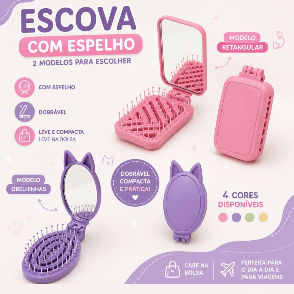 Escova de Cabelo Portátil com Espelho | Dobrável | Compacta | Retangular ou Orelhinhas | 4 Cores