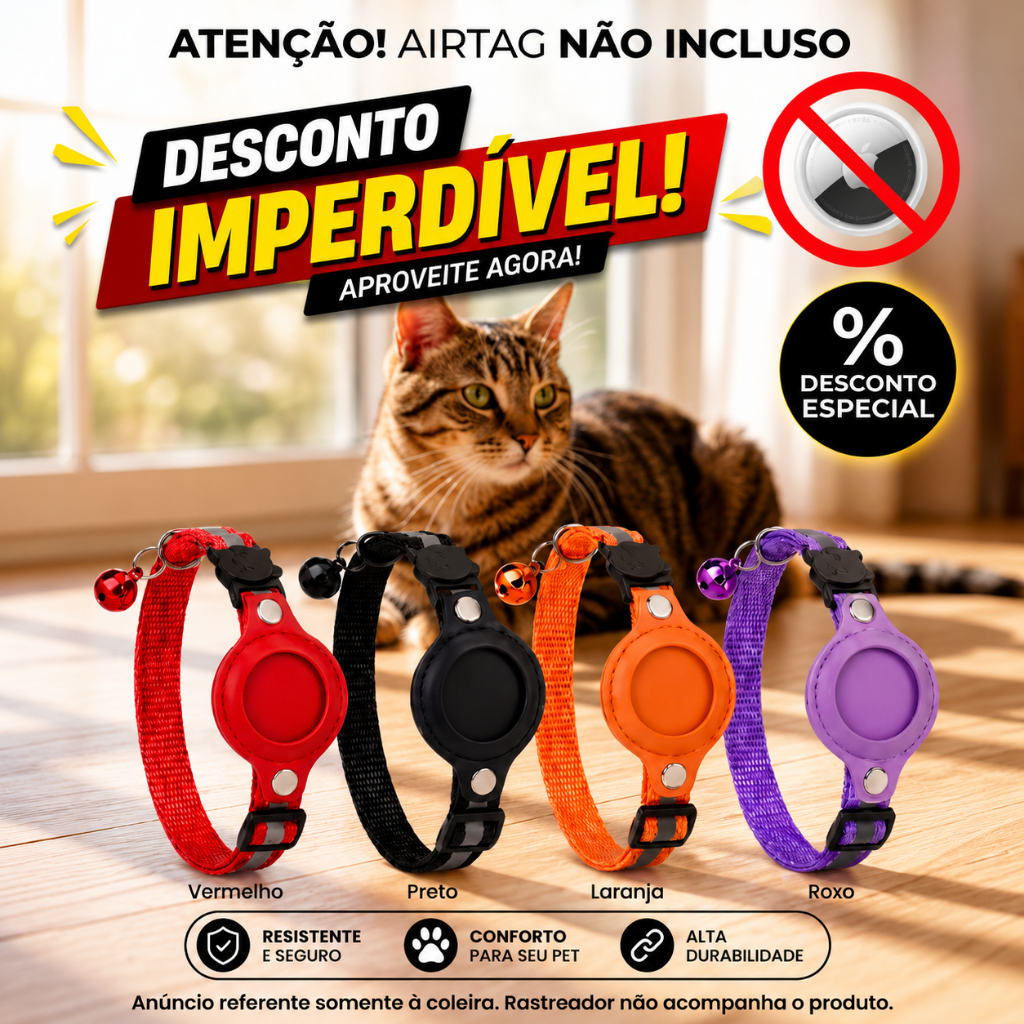 Coleira Refletiva para Gato com Suporte Airtag Ajustável Anti-Enforcamento Segur